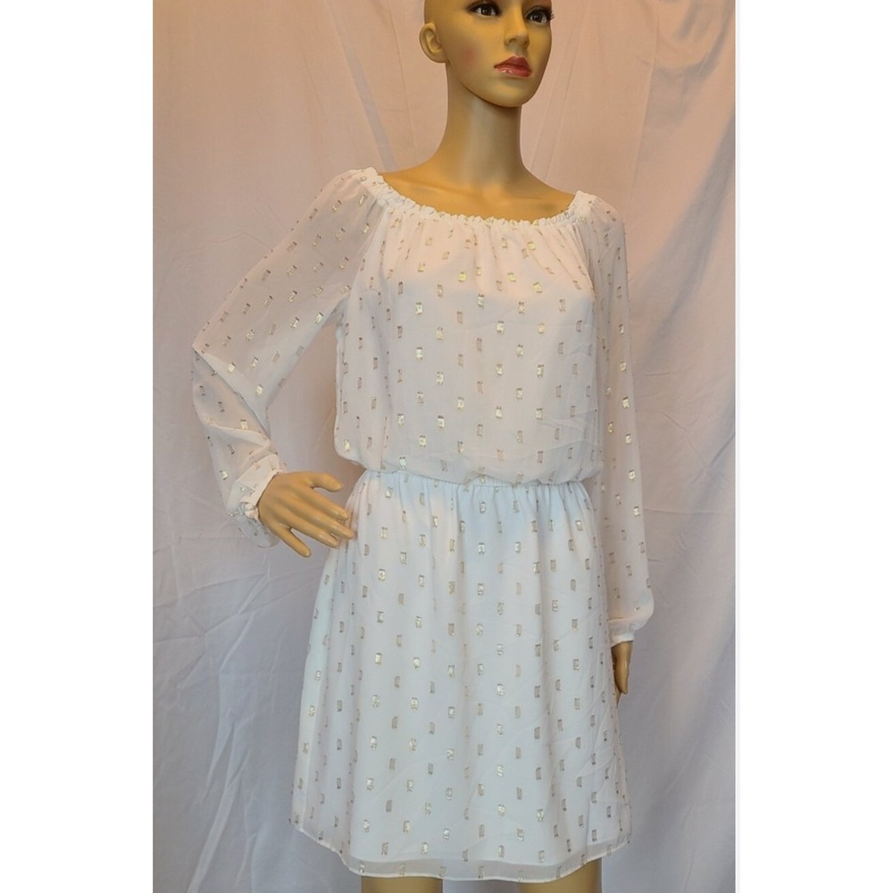 WHBM Dress‎ XS Ivory Off Shoulder Mini Chiffon Blouson Sheer Arm Body lined